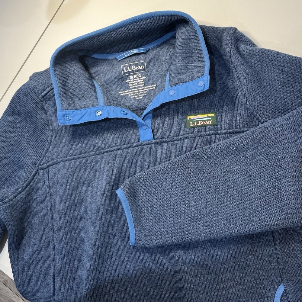 LL Bean Womens Sweater Fleece Pullover Med Mallard Blue Snap K-Pocket Outdoor